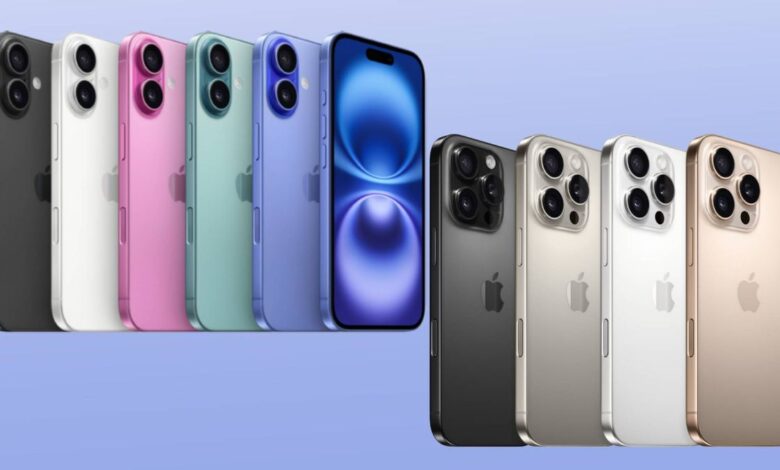 iPhone 16 and iPhone Pro color lineup against blue background