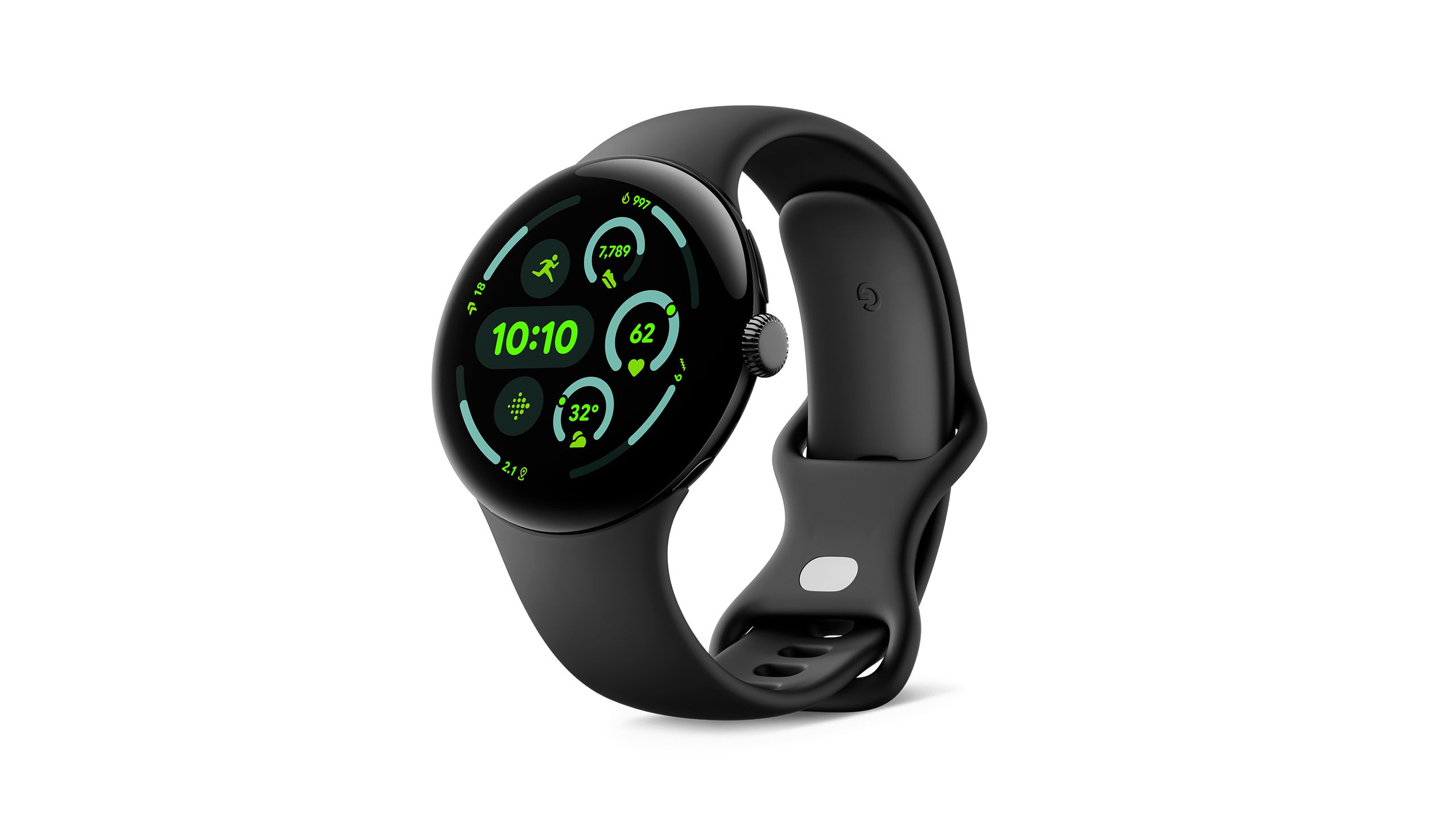 ساعت 45 میلی متری Google Pixel Watch 3 در برابر پس زمینه سفید قرار می گیرد.