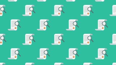 repeating image of magnifying glass over document, on green background