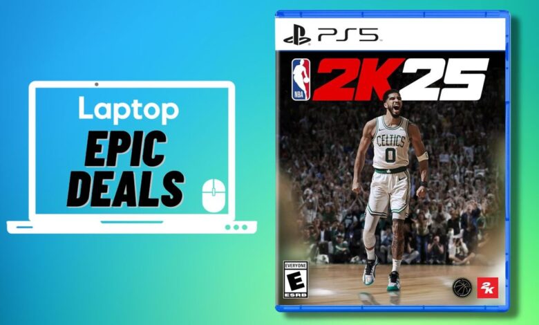 The case for NBA 2K25 for PS5 next to a Laptop Mag deals icon in front of a blue and green background