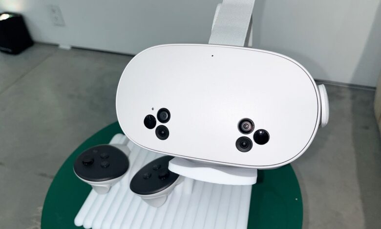 Meta Quest 3S mixed reality headset on a stand