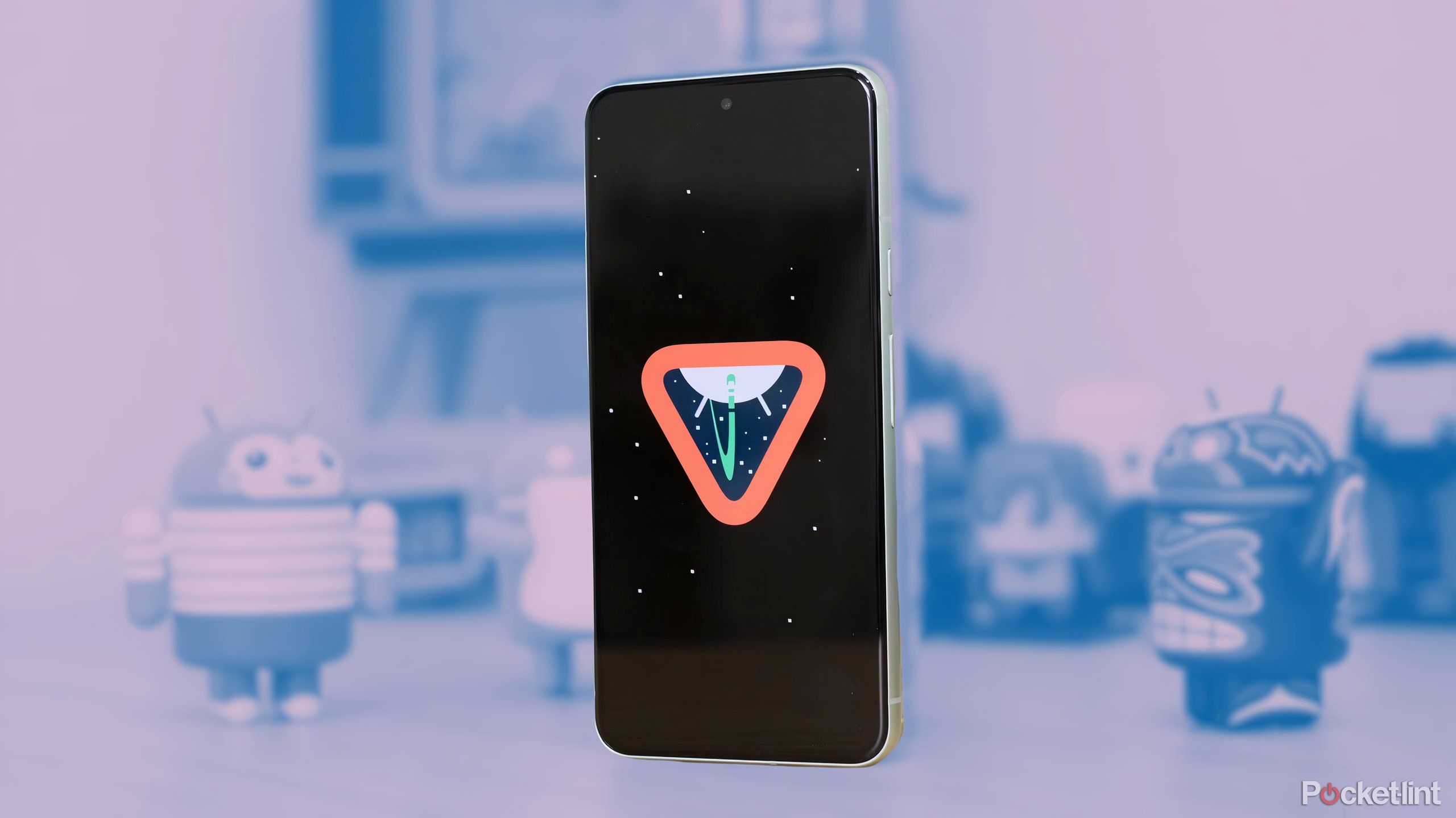 تلفن Pixel که روی میز ایستاده و نشانواره Android 15 را نشان میدهد.