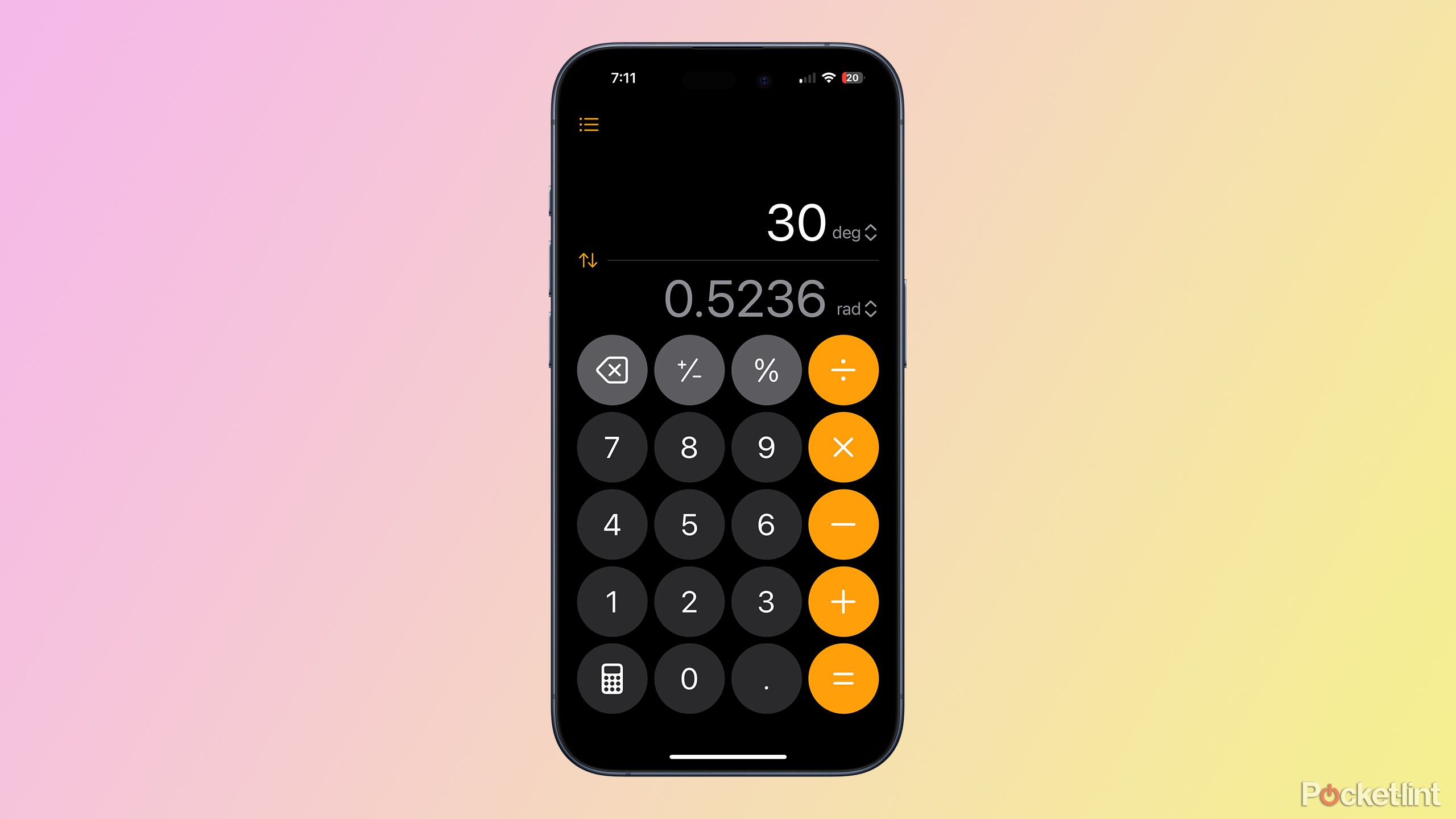 تبدیل درجه به رادیان در برنامه ماشین حساب در iOS 18