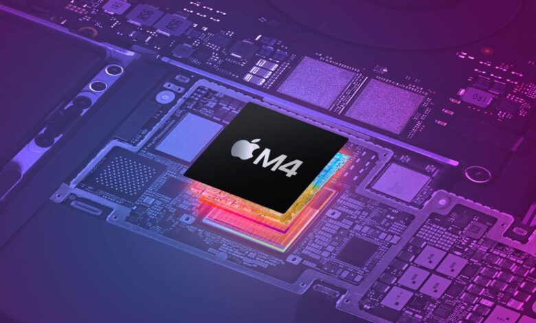 Photo illustration of Apple M4 chip colorfully springing to life from the control board of a MacBook Pro