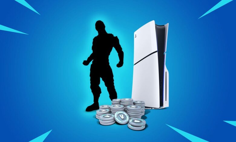 Sony PS5 Slim console alongside a mystery Fortnite character and in-game V-Bucks currency on a blue Fortnite-themed background.