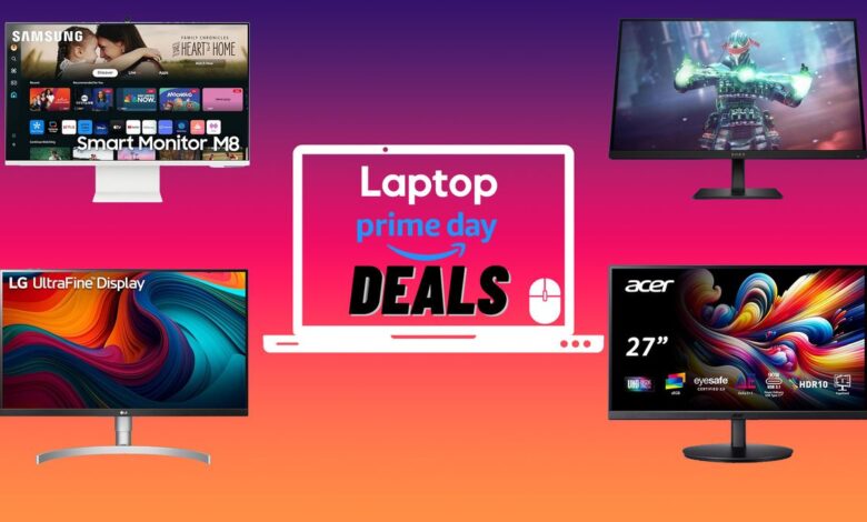 Monitors on a red gradient background with a Laptop Mag deals page for Prime Day in the center