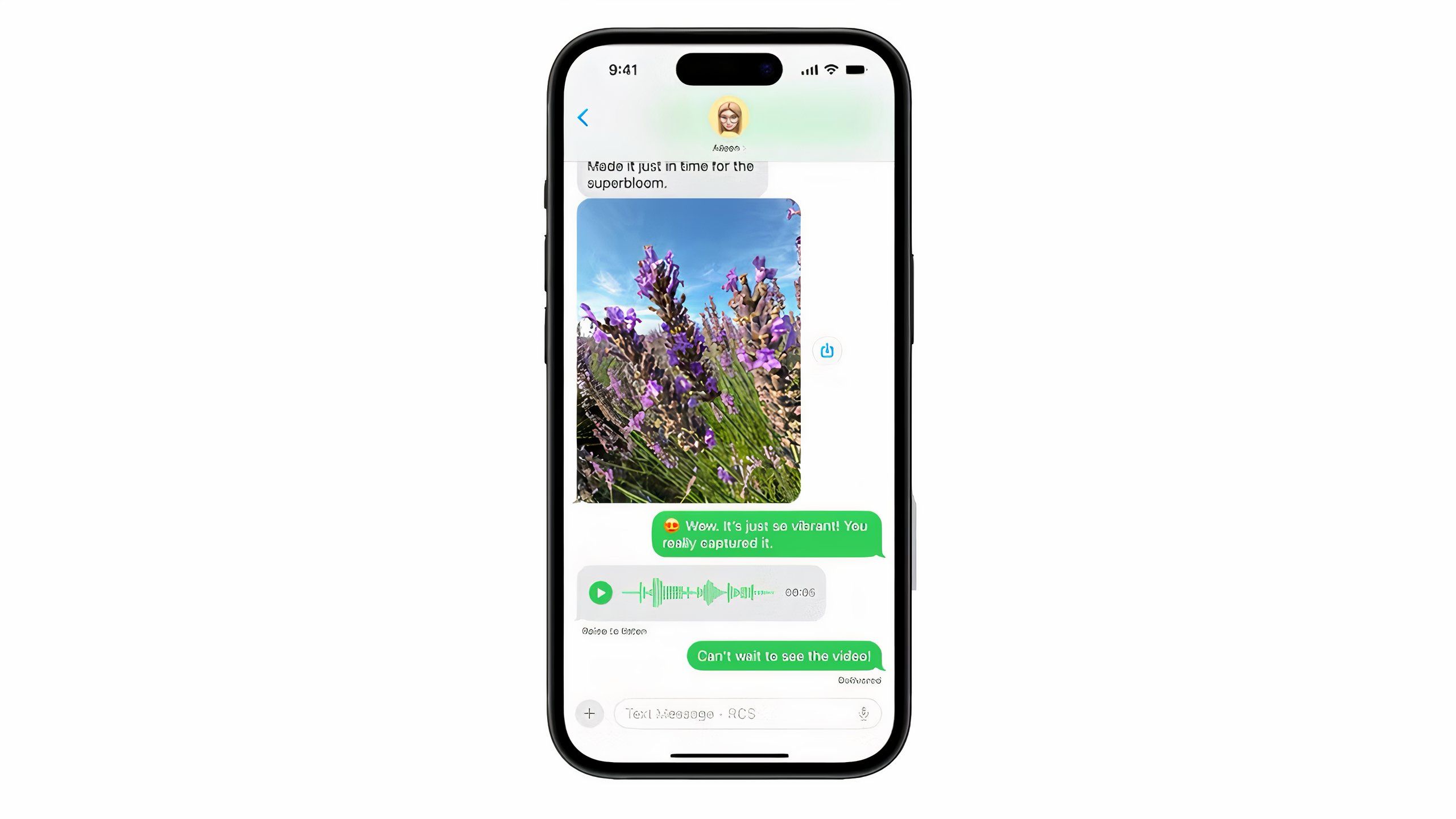 یک آیفون 15 در حال نمایش یک چت RCS Messages.