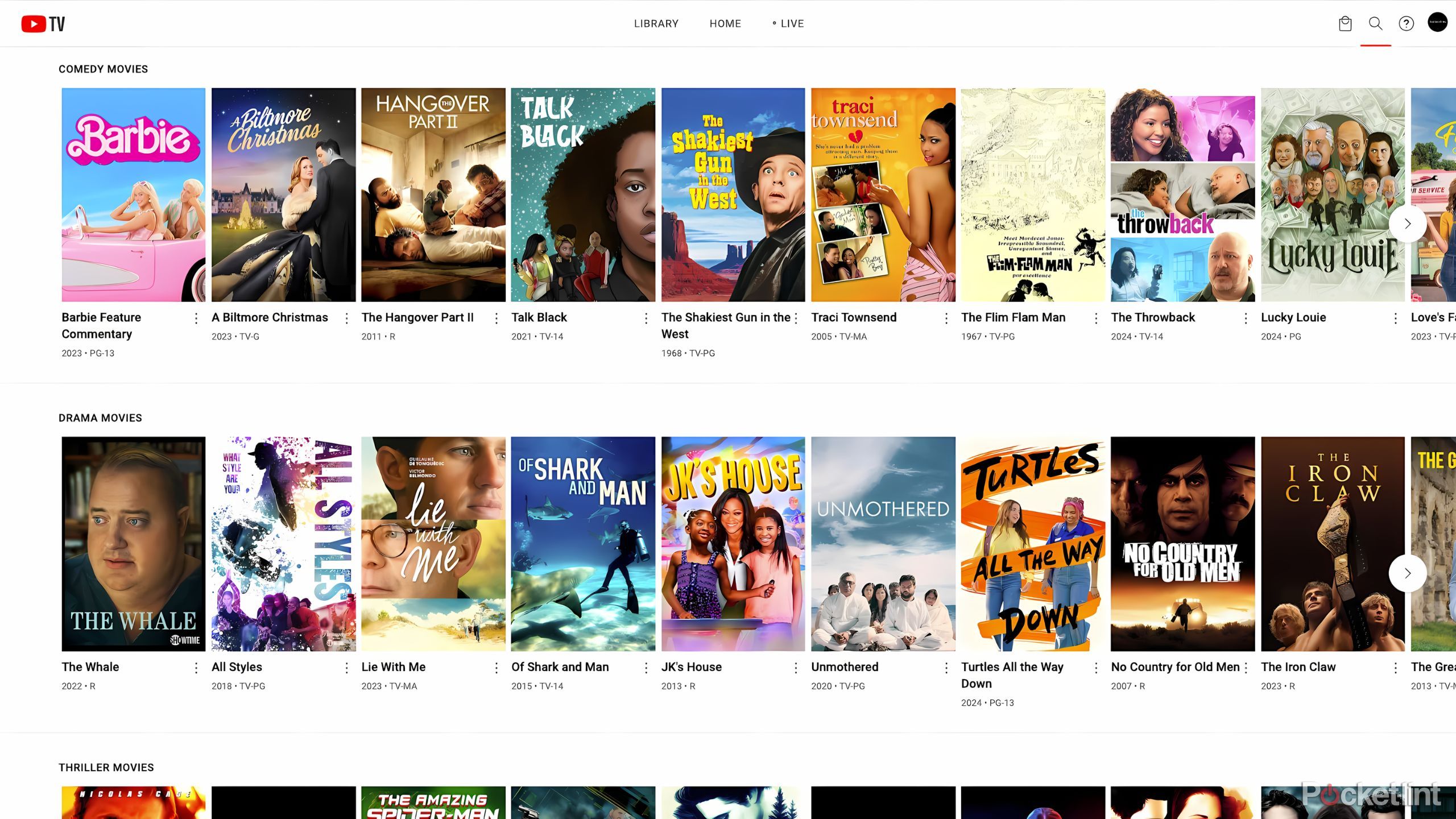 فهرست فیلم‌ها، نمایش‌ها و موارد دیگر YouTube TV بر اساس تقاضا. 