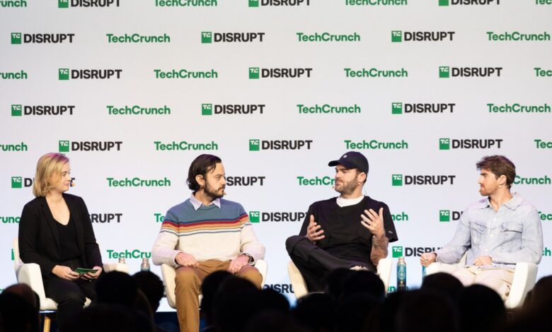 Drew Taggart and Alex Pall of The Chainsmokers, joined by Dan Lorenc, the founder of Chainguard on stage at TechCrunch Disrupt 2024 Day 2 on Tuesday, Oct. 29, 2024 in San Francisco. (Photo by Barak Shrama/ Slava Blazer Photography)