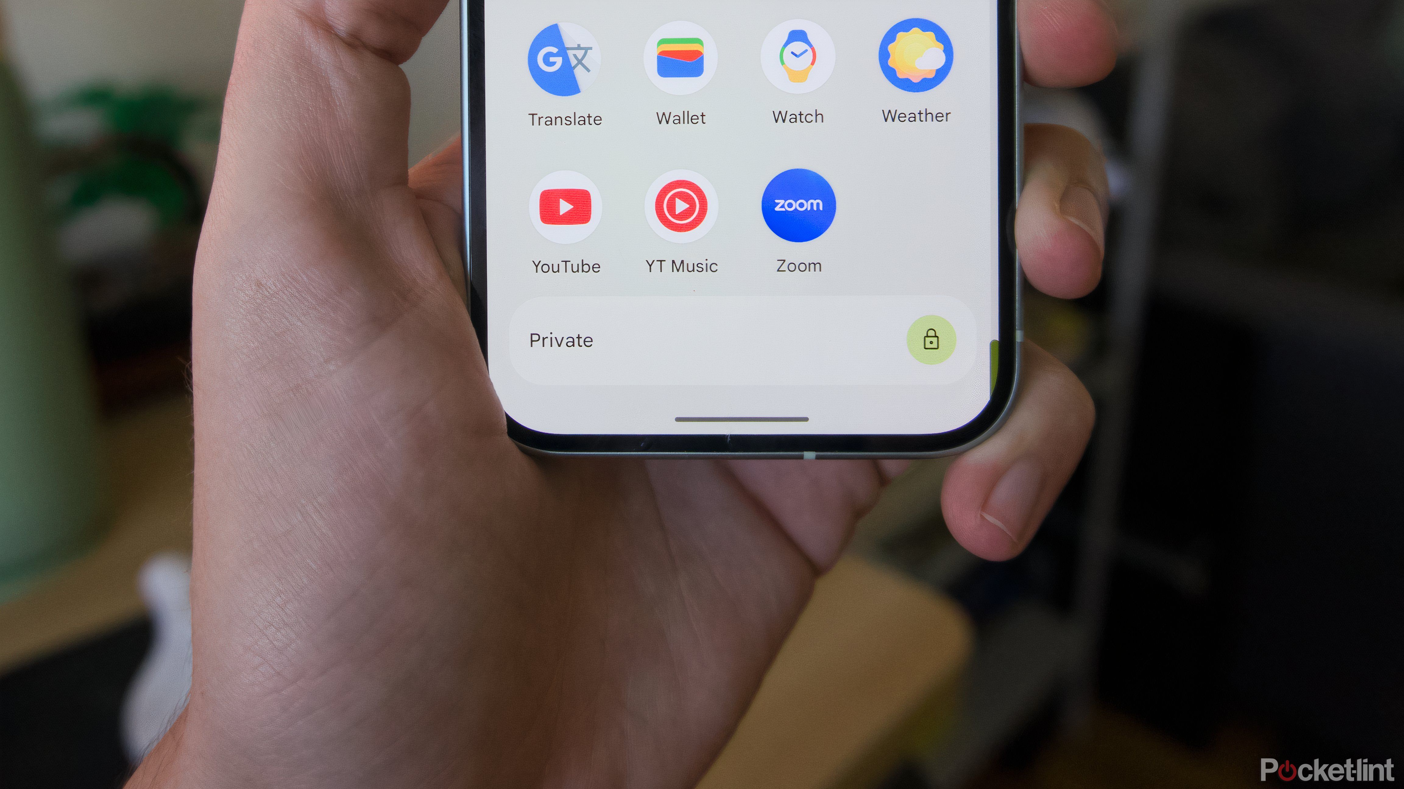 دستی که نیمه پایینی Pixel 9 را گرفته و فضای خصوصی قفل شده را نشان می‌دهد.