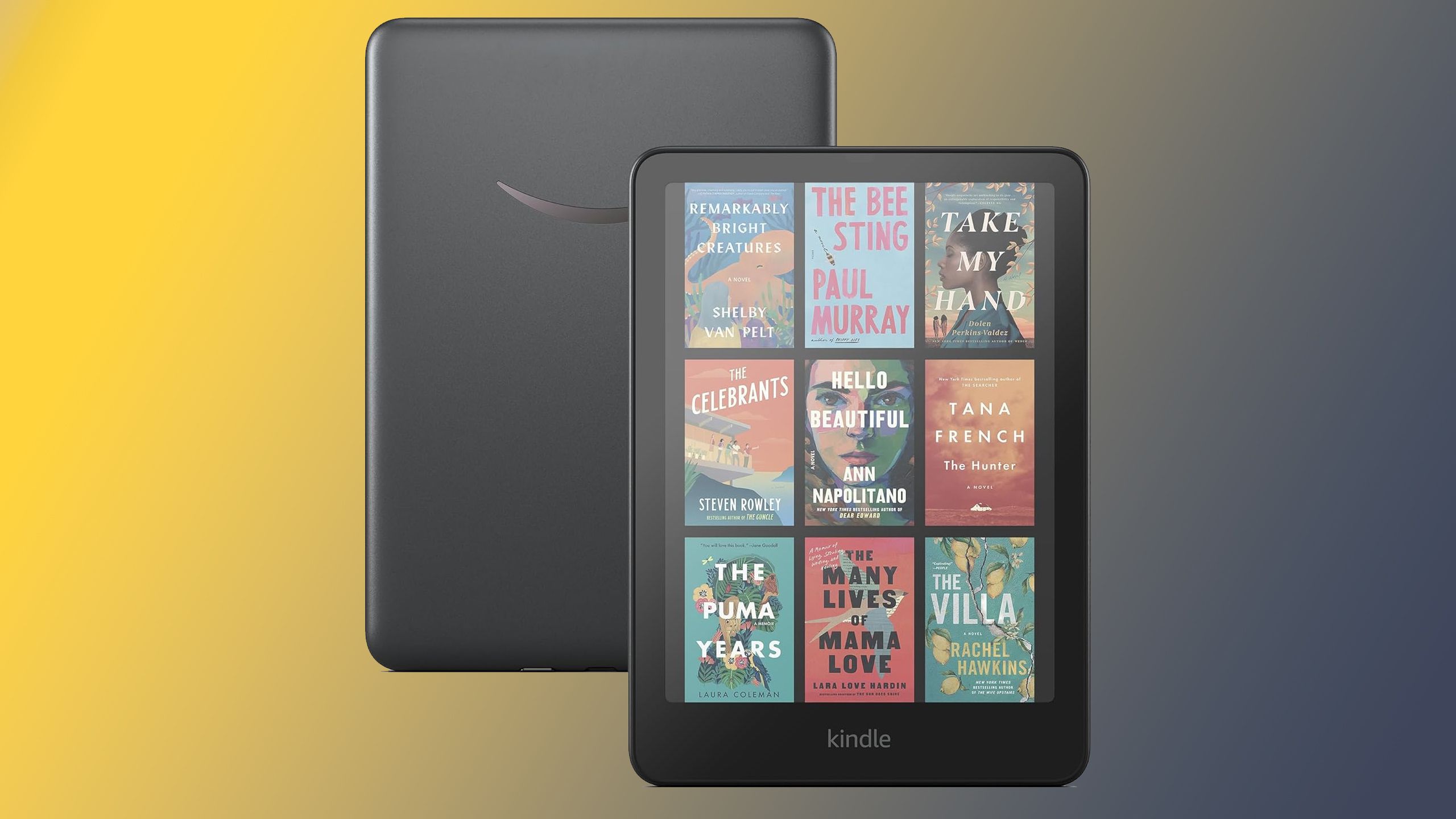 Kindle Colorsoft در پس زمینه زرد و آبی.