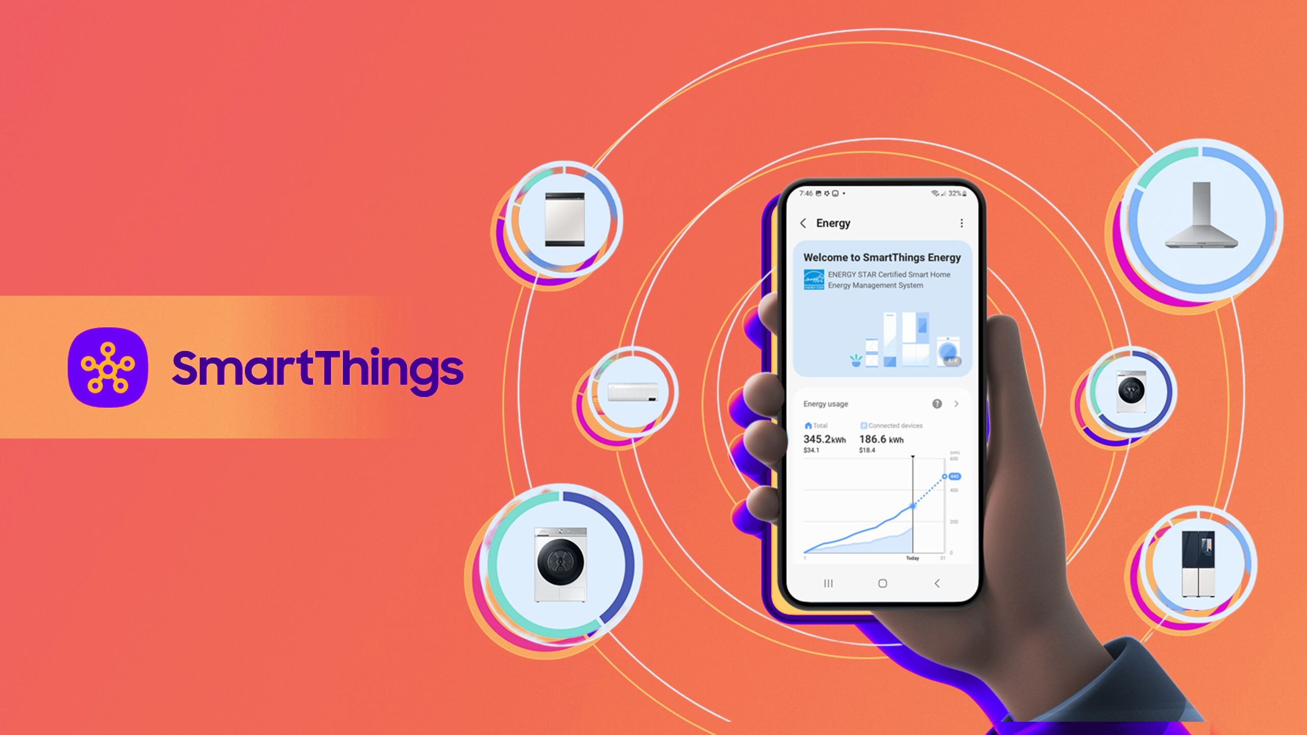 برنامه Samsung SmartThings Energy روی گوشی در برابر پس زمینه رنگی