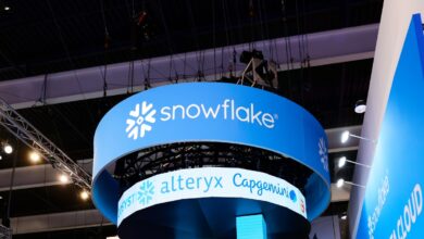 The Snowflake Inc logo, which represents the American cloud computing-based data company that offers cloud-based storage and analytics services, is being displayed on their pavilion at the Mobile World Congress 2024 in Barcelona, Spain, on February 28, 2024.