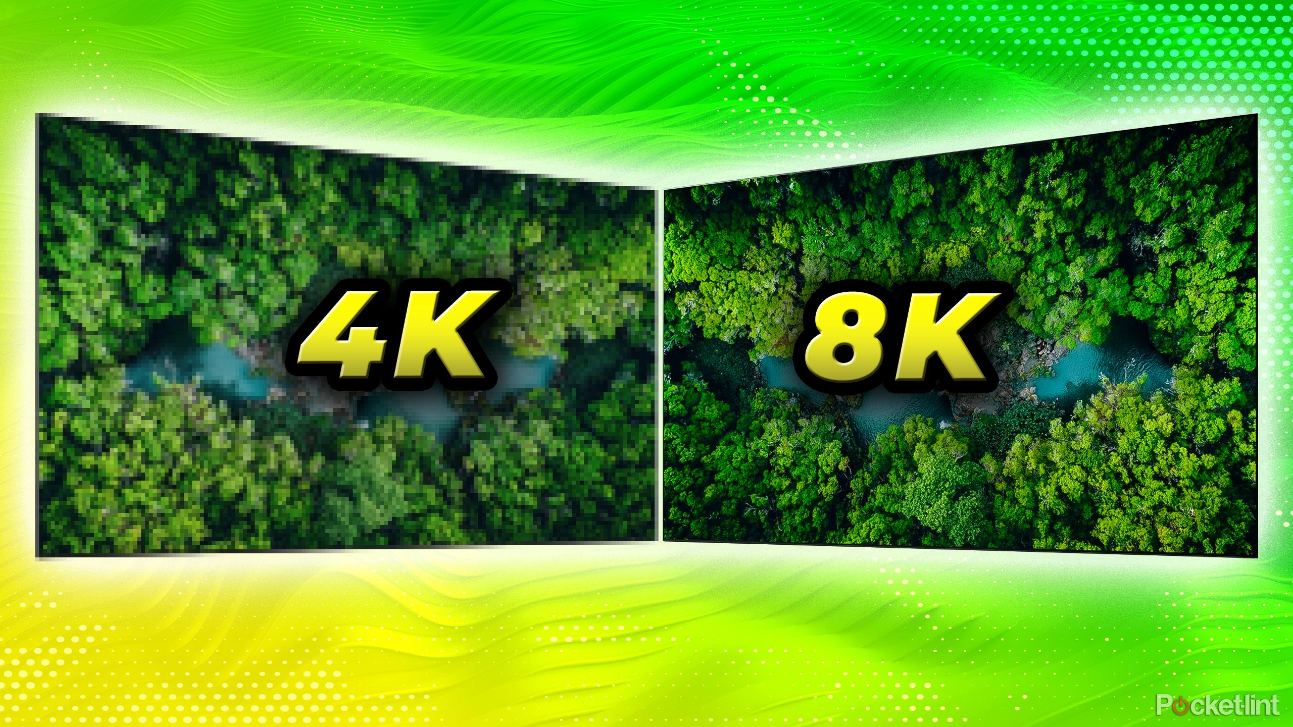 یک تلویزیون 4K در مقایسه با یک 8K با پیکسل اغراق آمیز. 