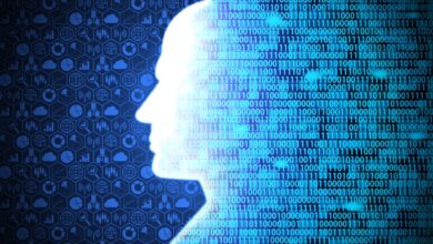 Man looking at big data represented by binary code and data symbols like graphs.