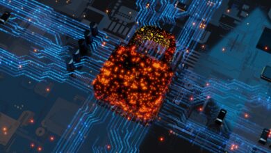 Circuit board with data flowing through a red lock representing data security.