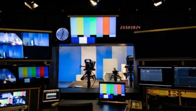 An array of tv and video equipment in a TV studio