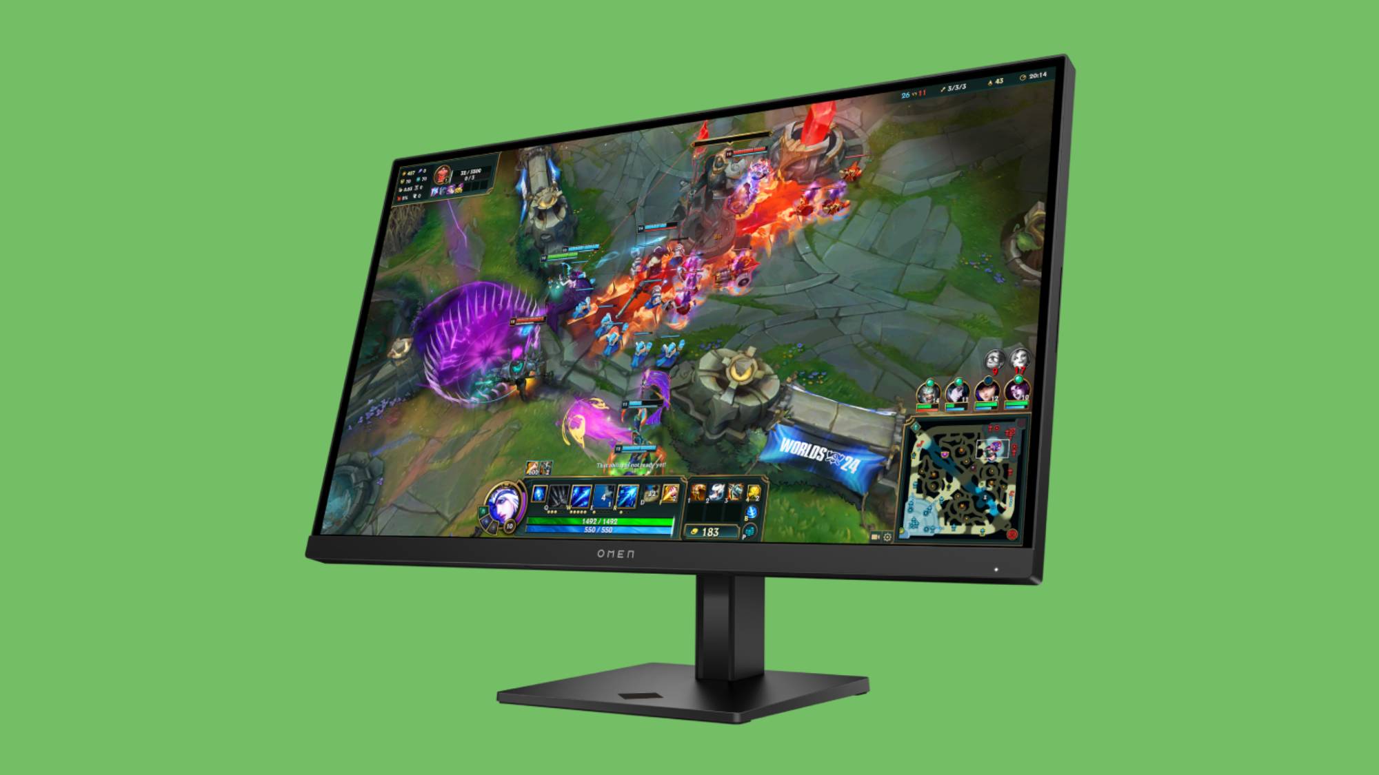 مانیتور گیمینگ HP Omen 27q G2 در پس زمینه سبز