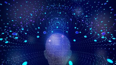 Head on background of purple and blue stars.