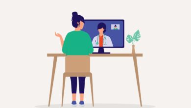 Illustration; Back View Of A Young Woman Sitting On Desktop With Computer Making Video Call With Her Doctor While Staying At Home.