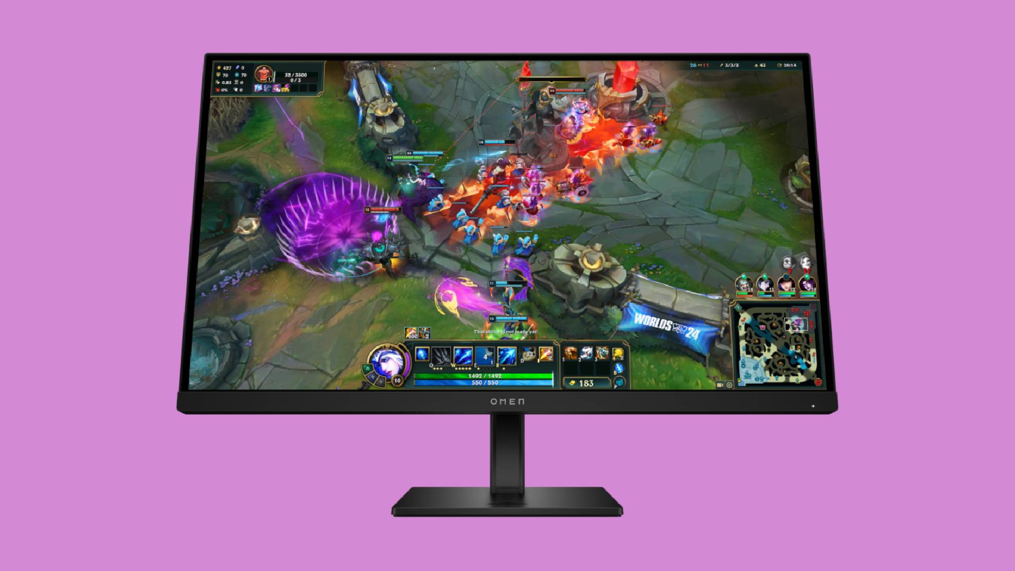 HP Omen 27qs G2 در پس زمینه بنفش