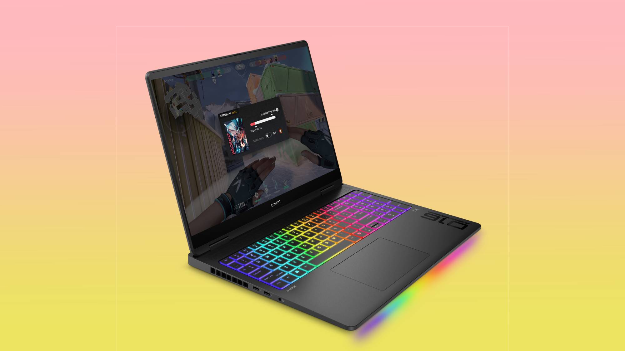 HP Omen 16 Max در برابر پس‌زمینه گرادیان صورتی و زرد