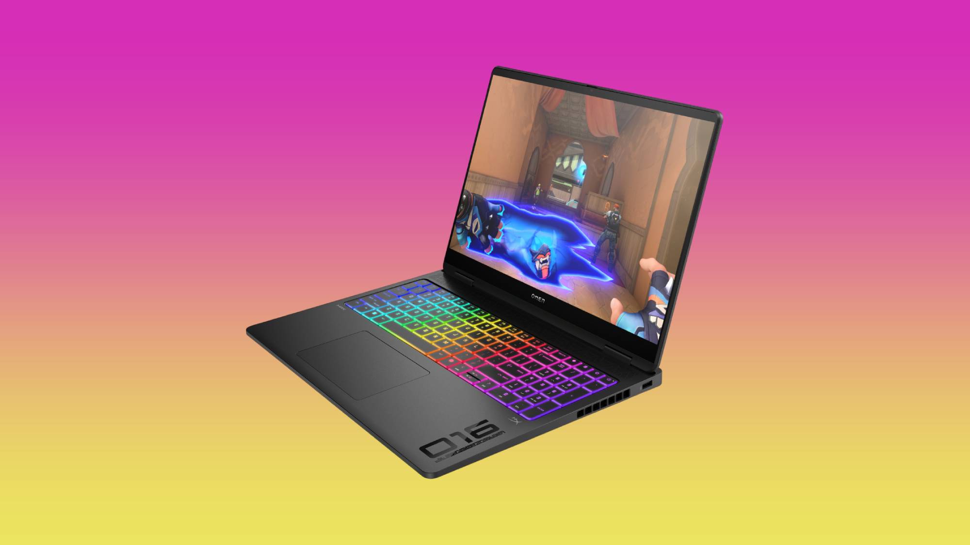 لپ تاپ گیمینگ HP Omen 16 Max در پس زمینه بنفش، صورتی و گرادیان زرد