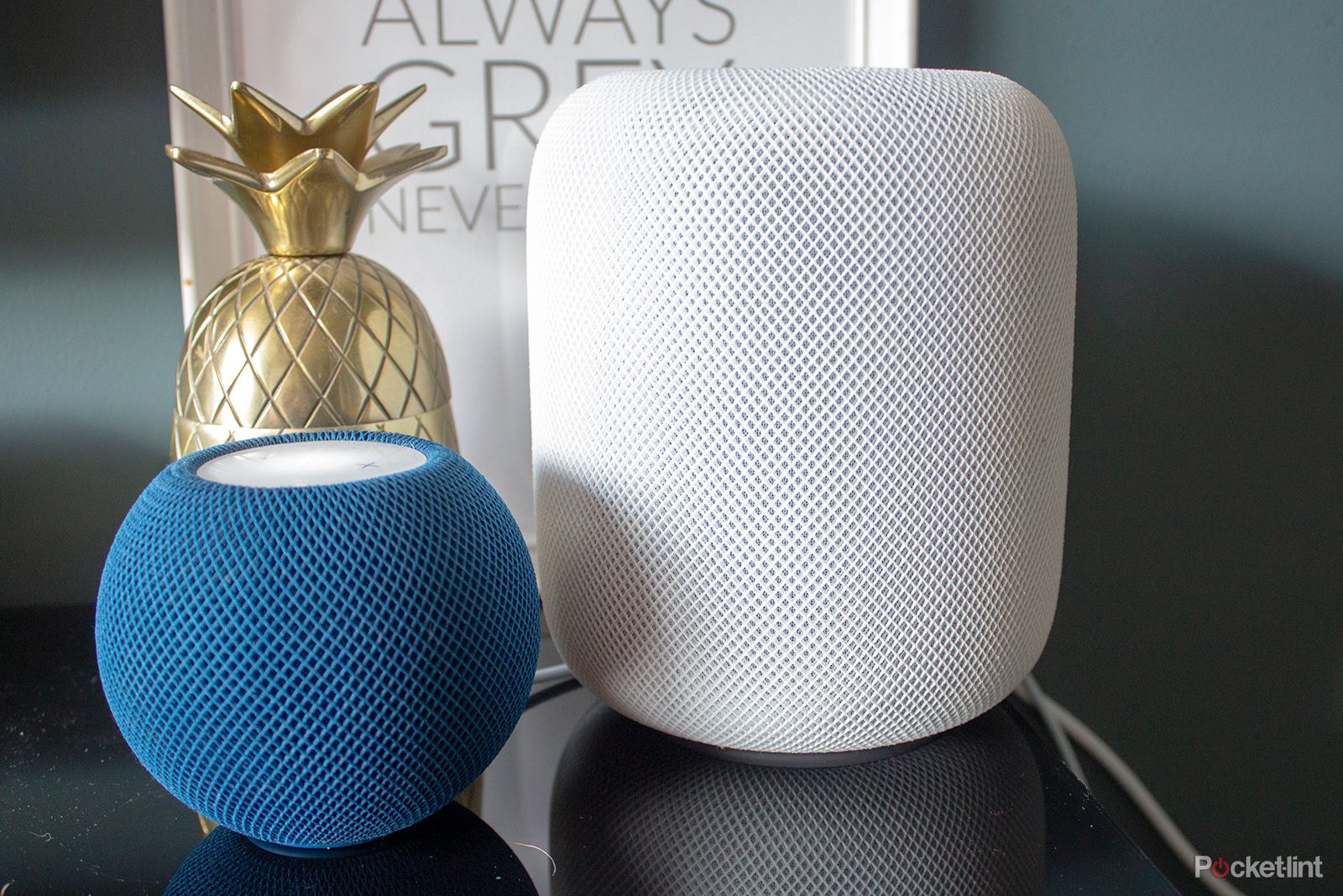 Apple HomePod mini در رنگ آبی و HomePod 2 در رنگ سفید