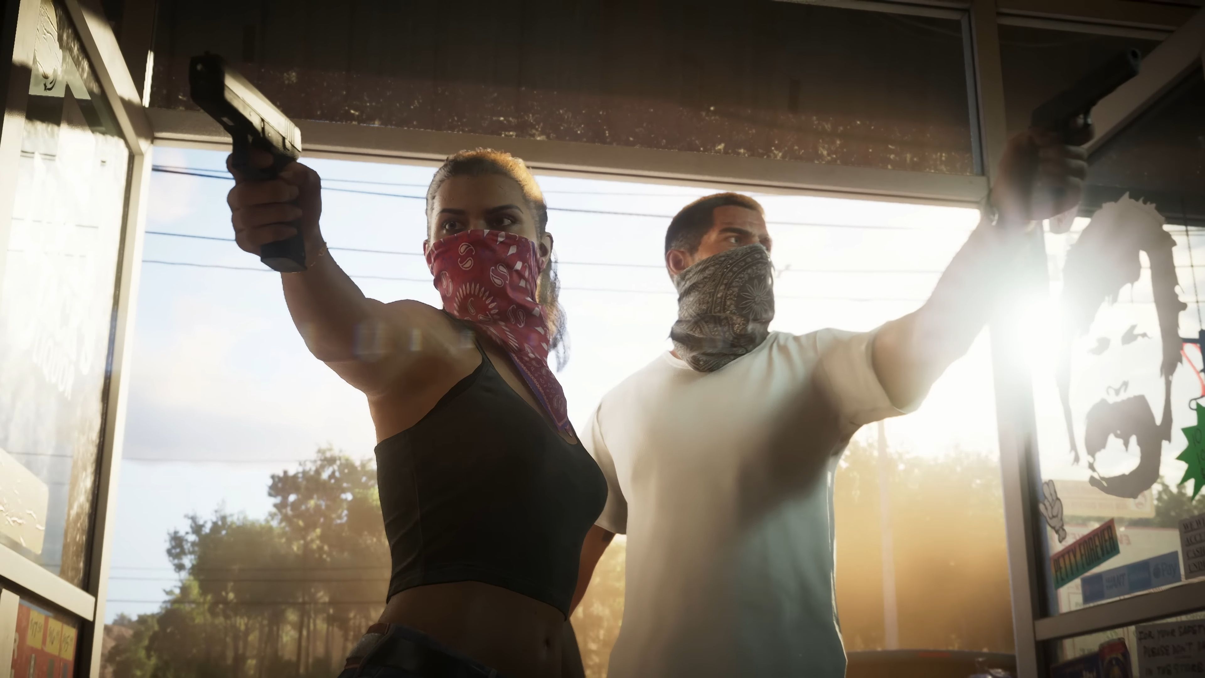 اسکرین شات تریلر GTA 6 از یک زن و مرد نقابدار که اسلحه را از مقابل دوربین گرفته اند. 