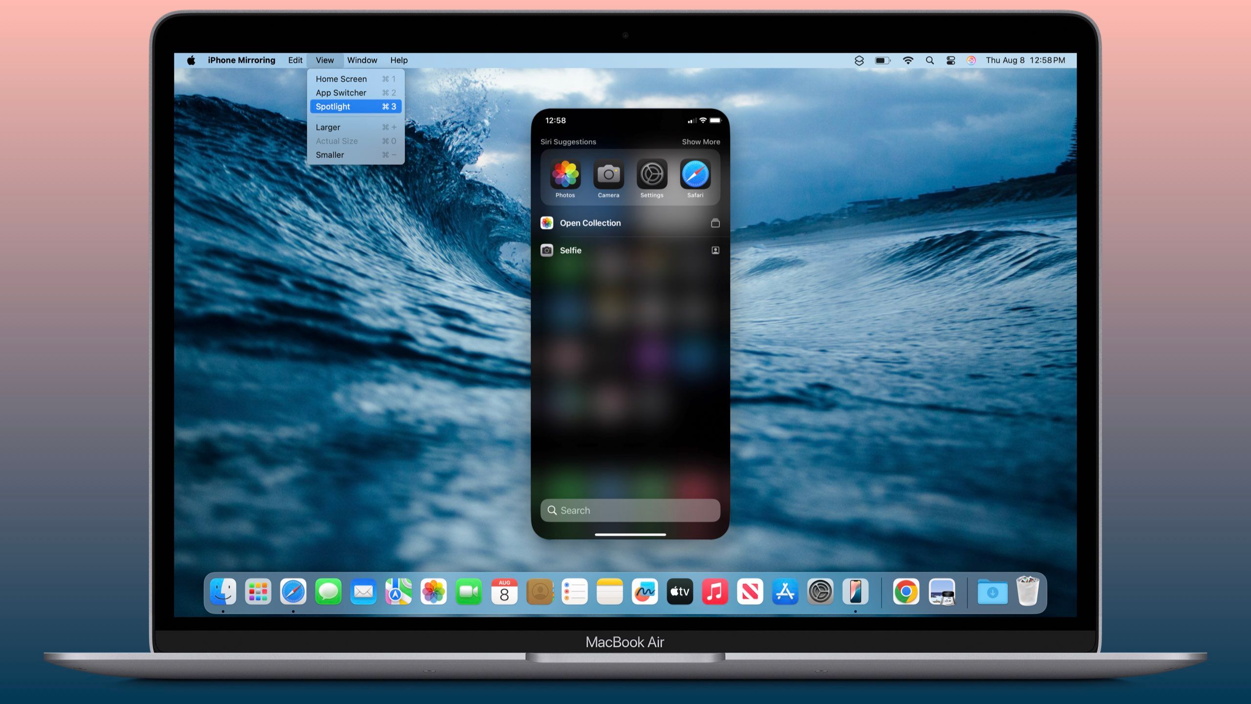 برنامه Spotlight هنگام استفاده از iPhone Mirroring.
