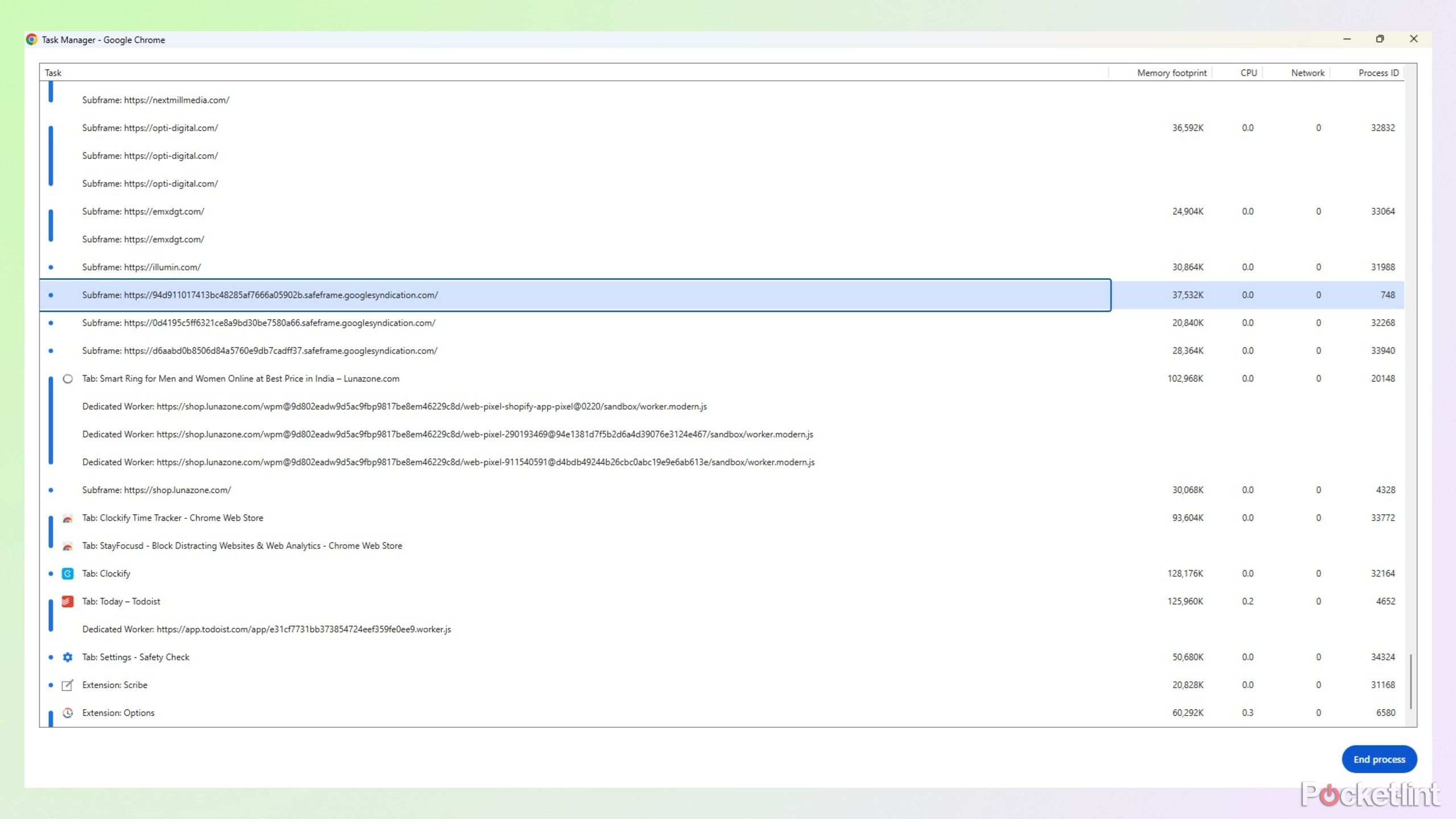 Google Chrome Task Manager نمونه ای از صفحه نمایش در رایانه.