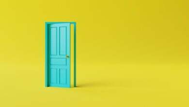 The closed turquoise door on a yellow background. The concept of making decisions, entering new places, crossing borders. 3d render, 3d illustration