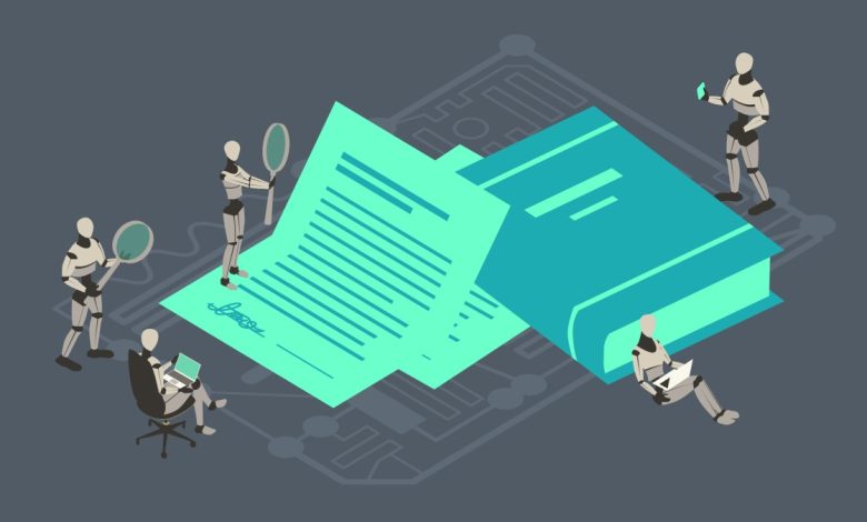 Robots work on a contract and review a legal book to illustrate AI usage in law.