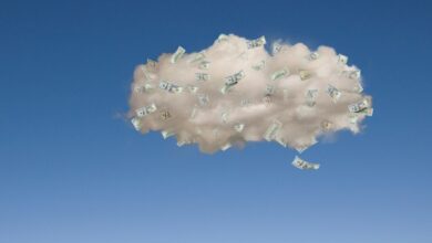 Image of money floating in a cloud against a blue sky.