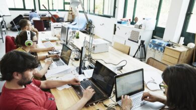 Group of male and female programmers coding in a big room.