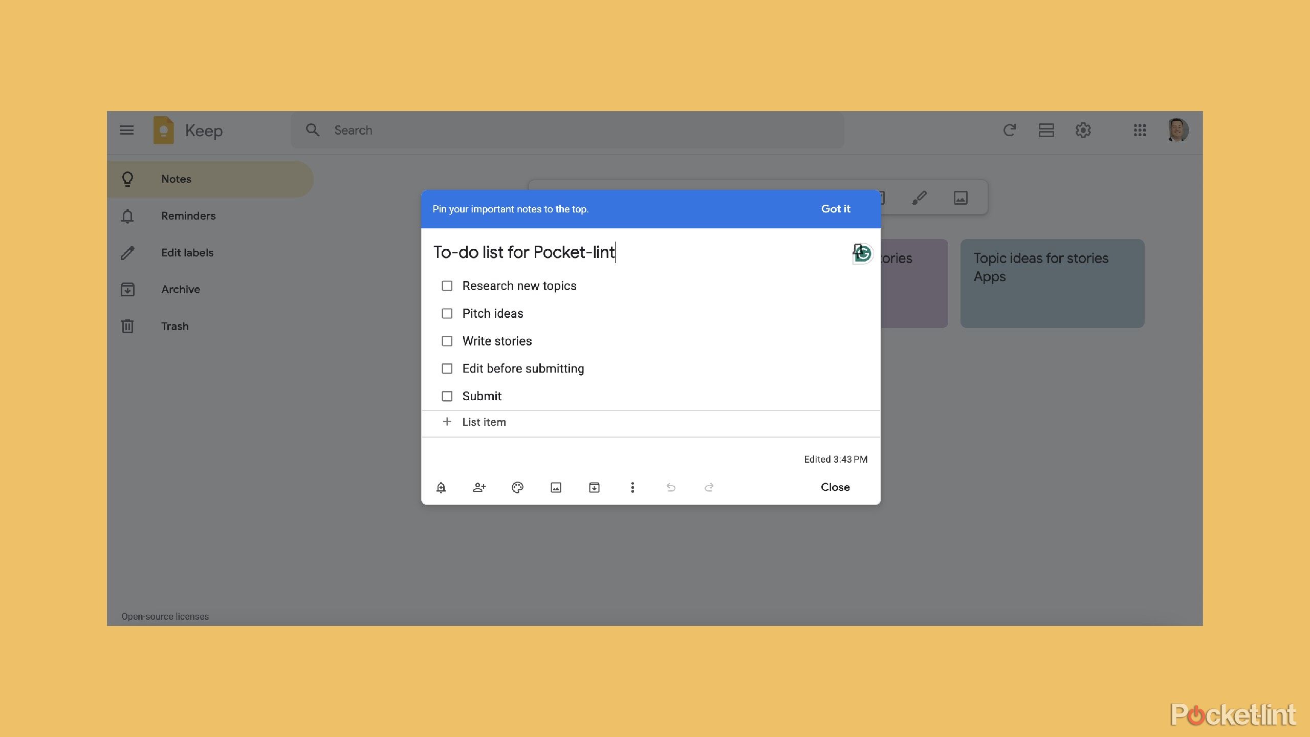 لیست در Google Keep. 