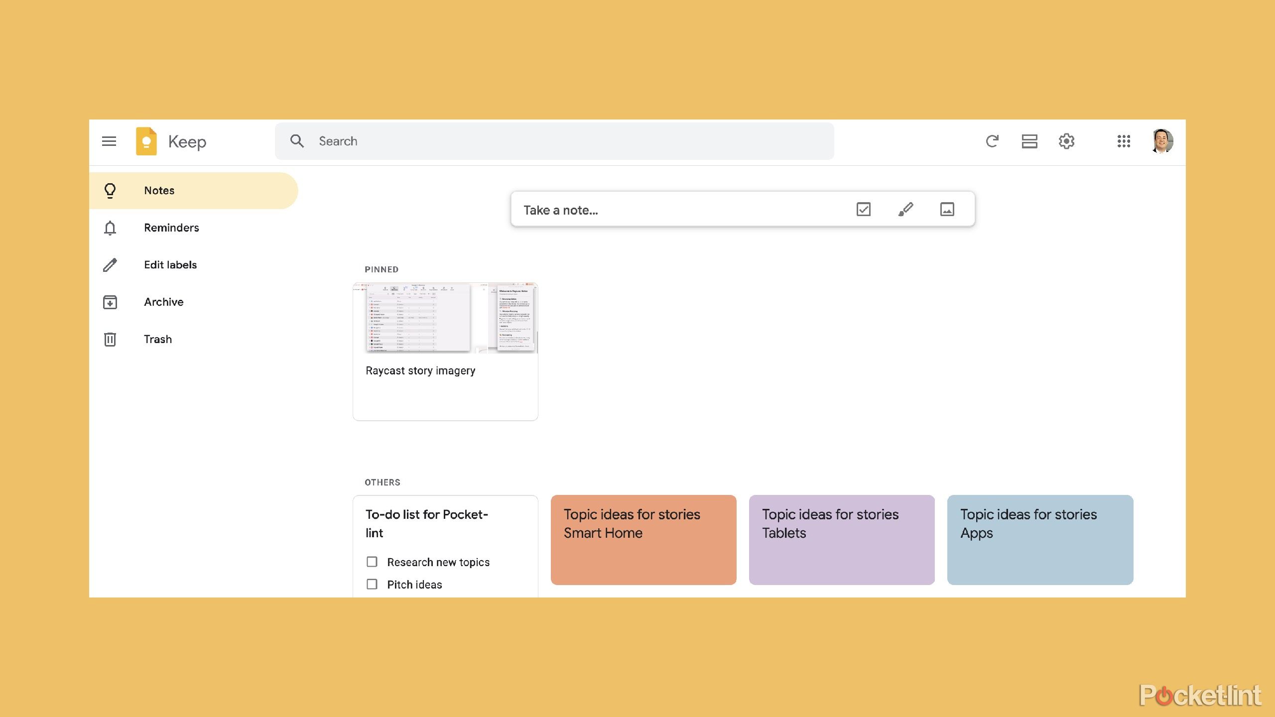 تصاویر و یادداشت های پین در Google Keep. 