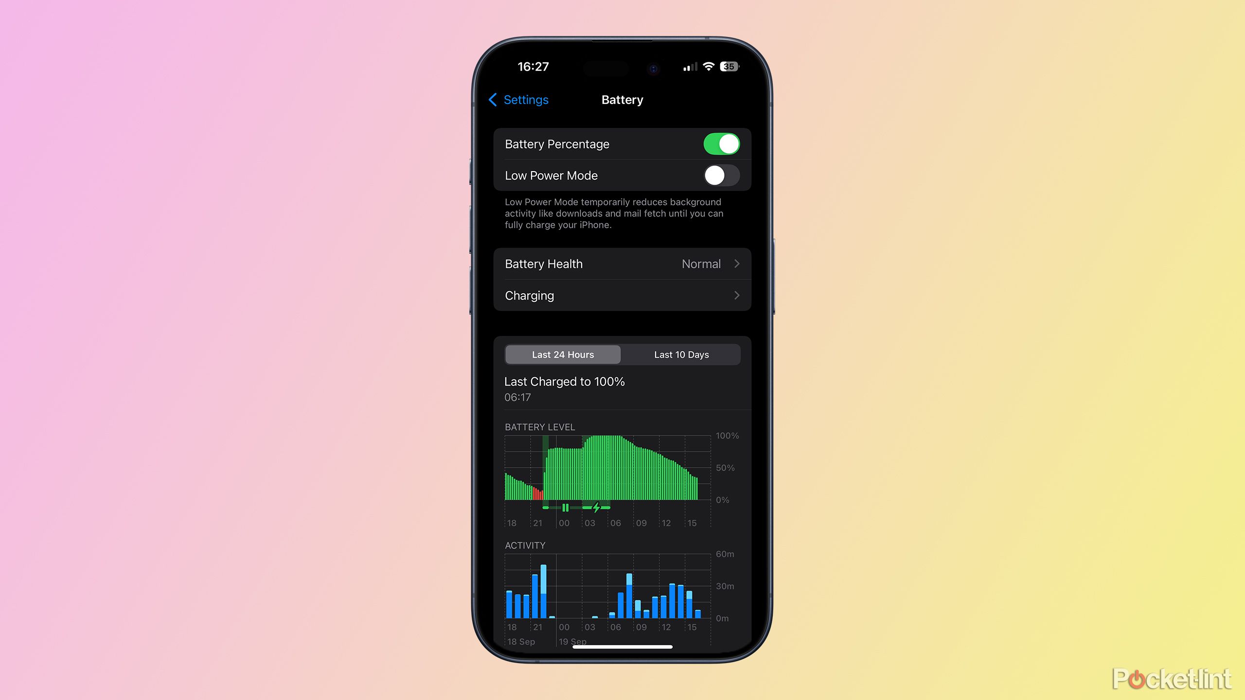تنظیمات باتری آیفون در iOS 18. 