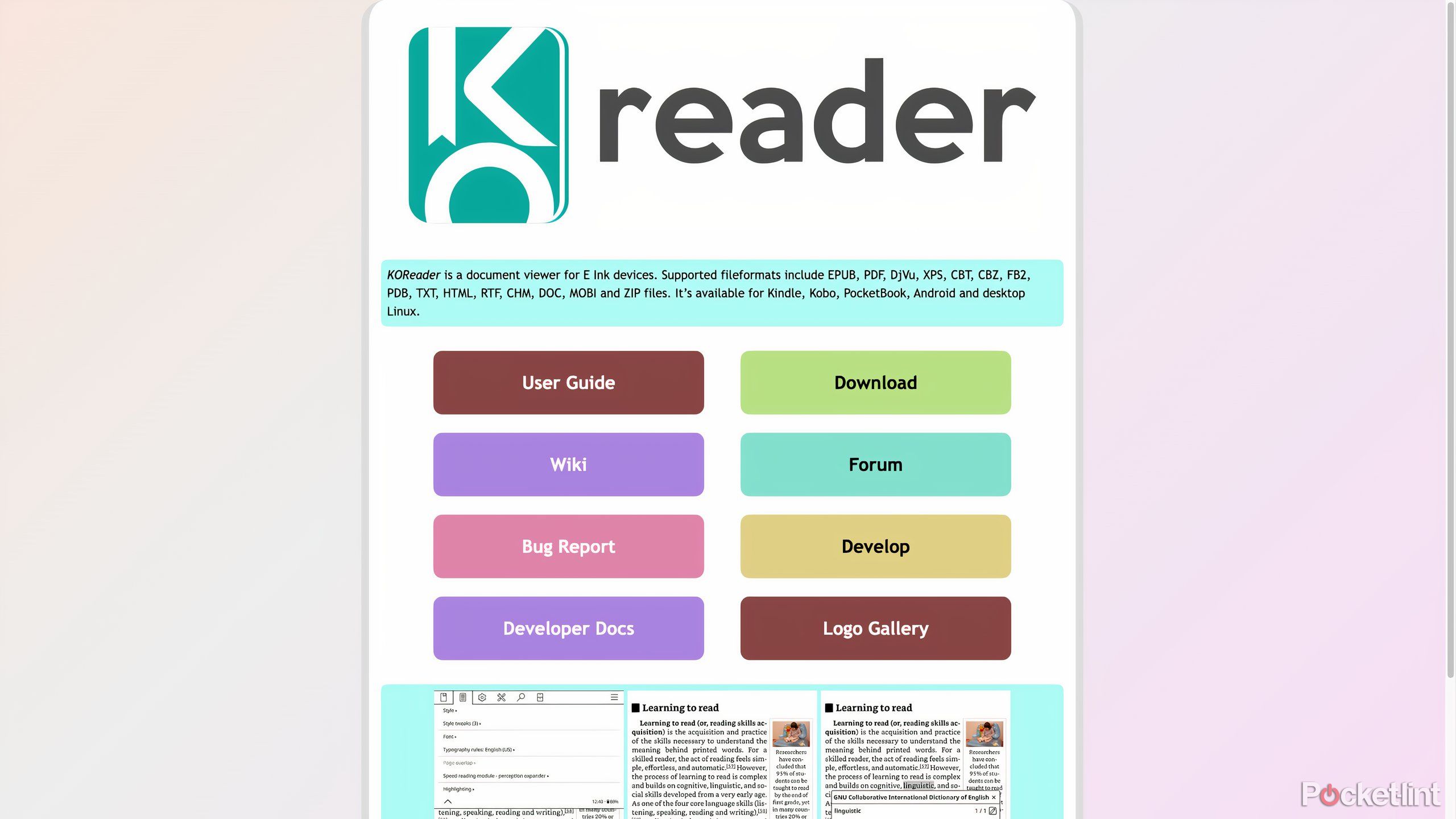 صفحه فرود Koreader با پیوندها به ویکی ، صفحه بارگیری و موارد دیگر.