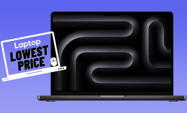 Black Apple M4 MacBook Pro laptop against blue gradient background with lowest price deal badge