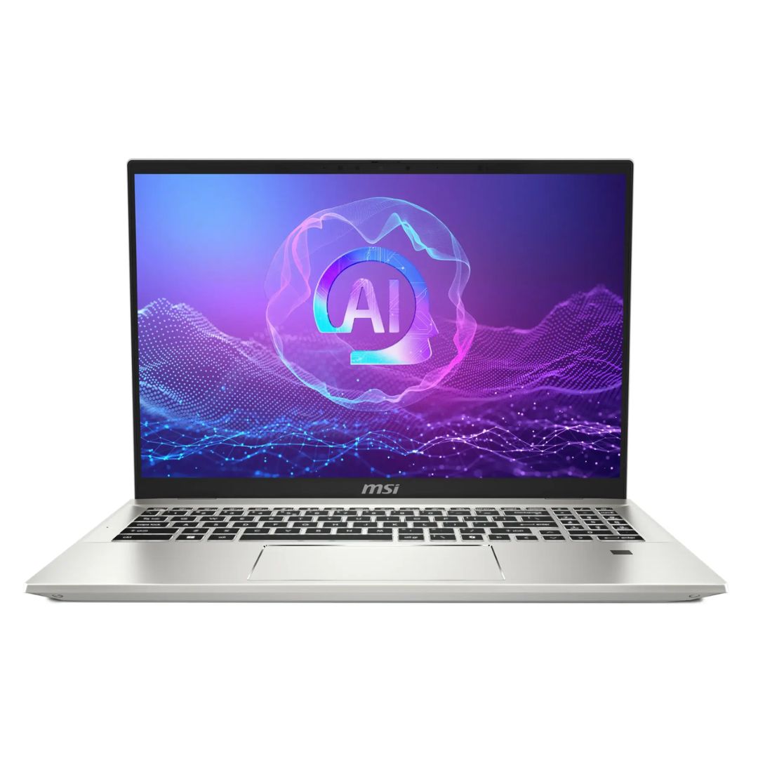 MSI Prestige A16 Ai+ با درب باز در مقابل پس زمینه سفید