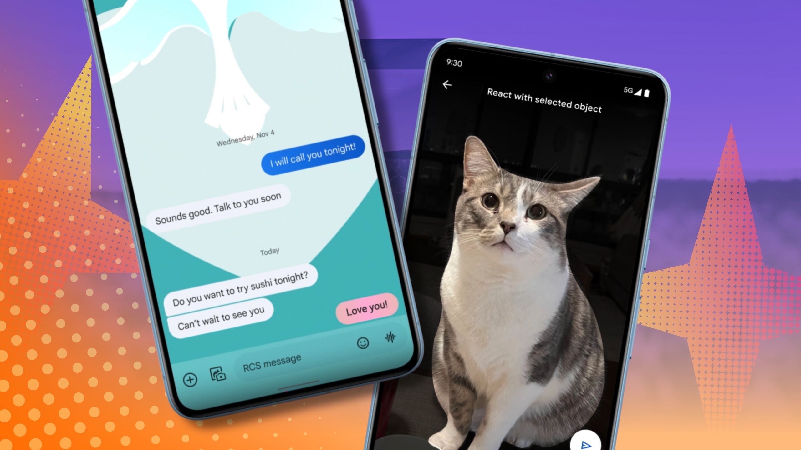 دو تلفن در کنار هم. یکی با پیام های Google و دیگری با برچسب گربه. 