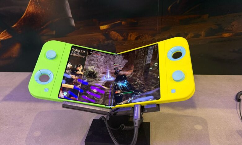 The Samsung Flip Gaming concept handheld PC displayed at MWC 2025