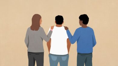 illustration of two friends supporting man, touching shoulders