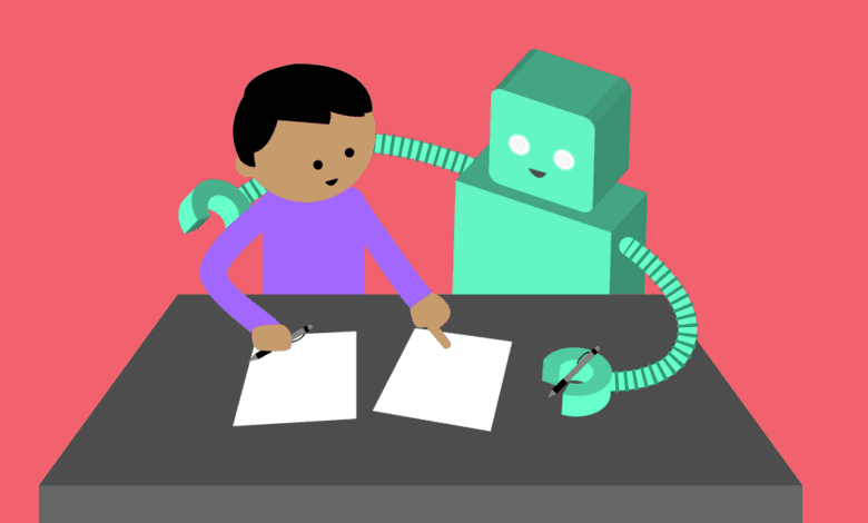 A robot helps a person write on two pieces of paper.