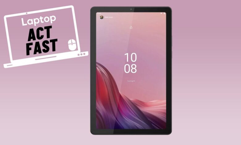 Lenovo Tab M9 tablet against pink gradient background with act fast deals sticker.