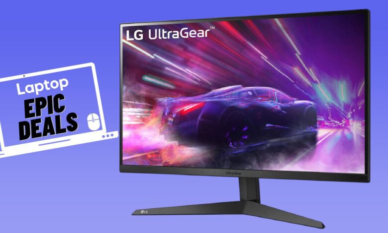 LG UltraGear 32-inch OLED gaming monitor LG 32GS95UE-B against a blue gradient display.