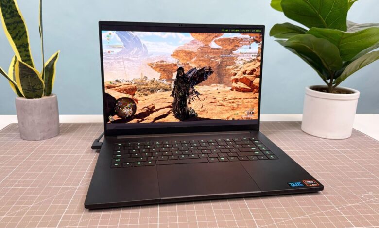 Monster Hunter Wilds gameplay on the Razer Blade 16 (2025) with an Nvidia RTX 5090 Laptop GPU. The fps counter in the upper right-hand corner shows frame rates with DLSS off.