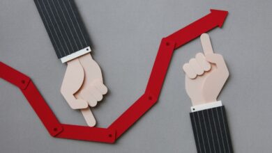 Paper craft illustration of male hand and increase chart. Bull market concept.