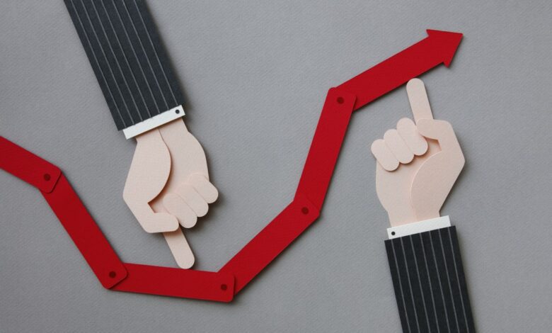 Paper craft illustration of male hand and increase chart. Bull market concept.